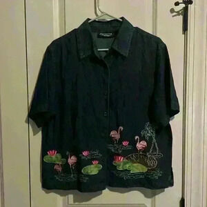 New Direction Vintage Style Denim Button down top with Flamingo Embroidery M 🦩